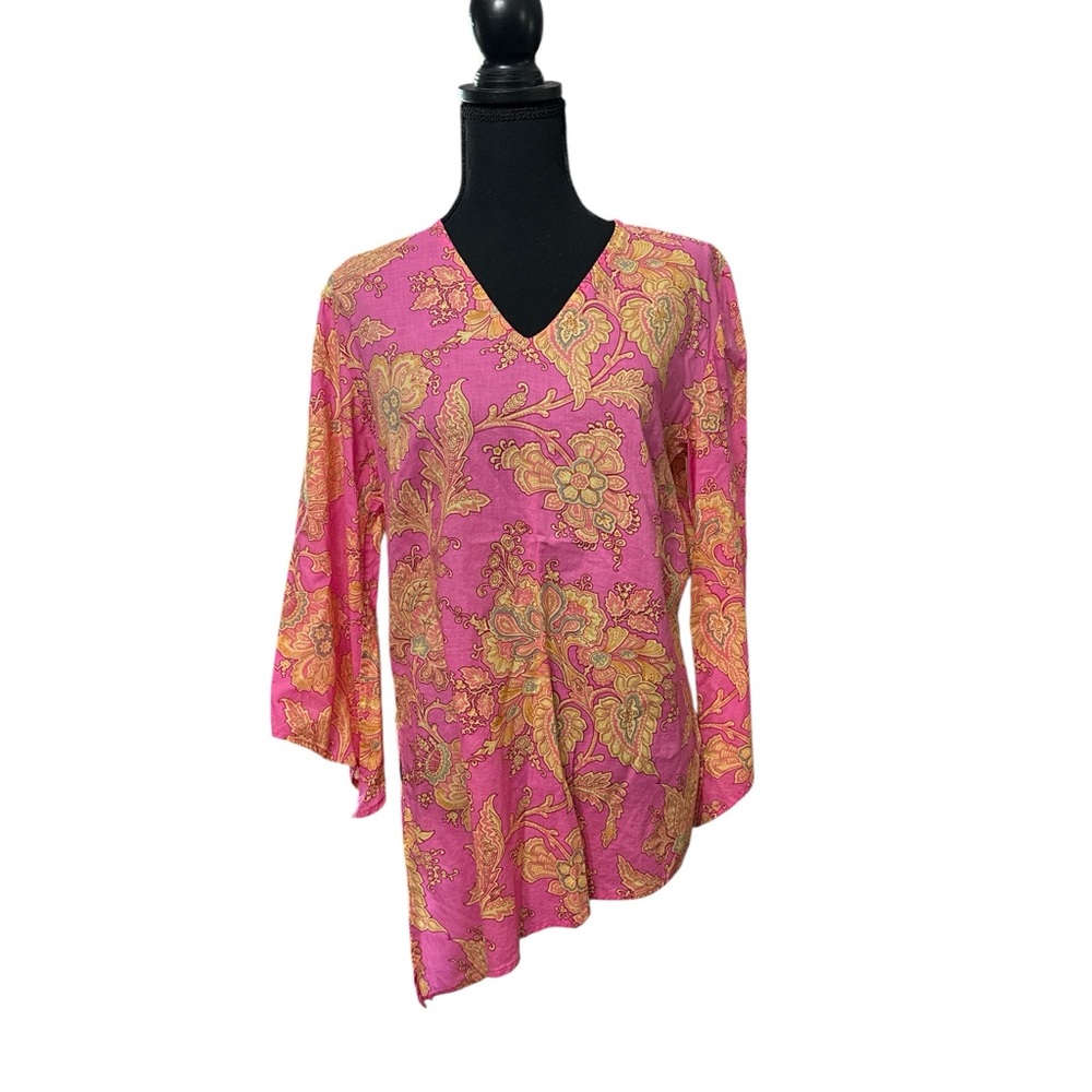 Enough About Me Pink‎ Boho Artsy  Cotton USA  Asymmetrical Tunic 3/4 Sleeve